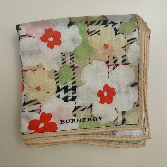 Burberry Red and White Floral Check Handkerchief. - Picture 5 of 5